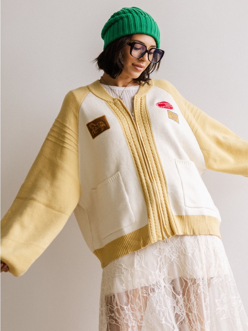 bohme Yellow and Cream Zip-Front Patch Sweater - Picture 2 of 13